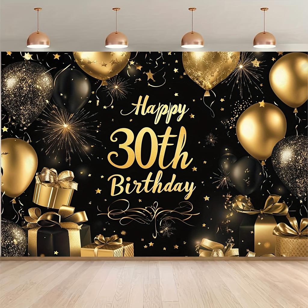 One-piece Photo Background Banner - Elegant Black and Gold "Happy 30th Birthday" Theme 2D Flat Background Fabric
