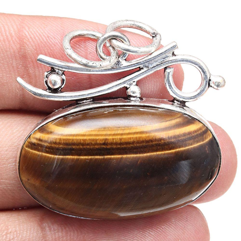 Pendant Tiger's Eye Gemstone Handmade Mother's Day Gift Silver Jewelry 1.5"