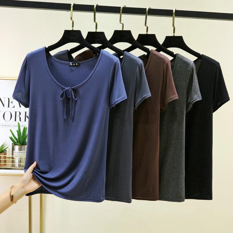 Korean Style Drawstring Modal Short Sleeve Tshirt Cute Slim Fit O Neck T-Shirt Lightweight & Soft Casual Tee Tops for Women Trendy Summer Basic Shirt