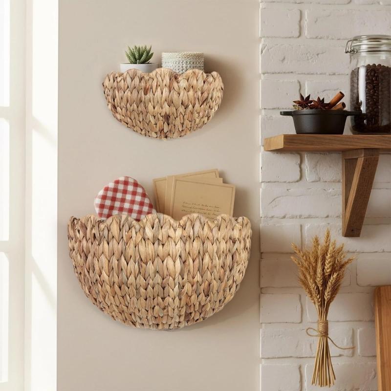 Natural Beige Hanging Basket Set for Small Item Storage, Handmade Wall Basket Pair with Wide Upper Access for Entryway and Bedroom Use