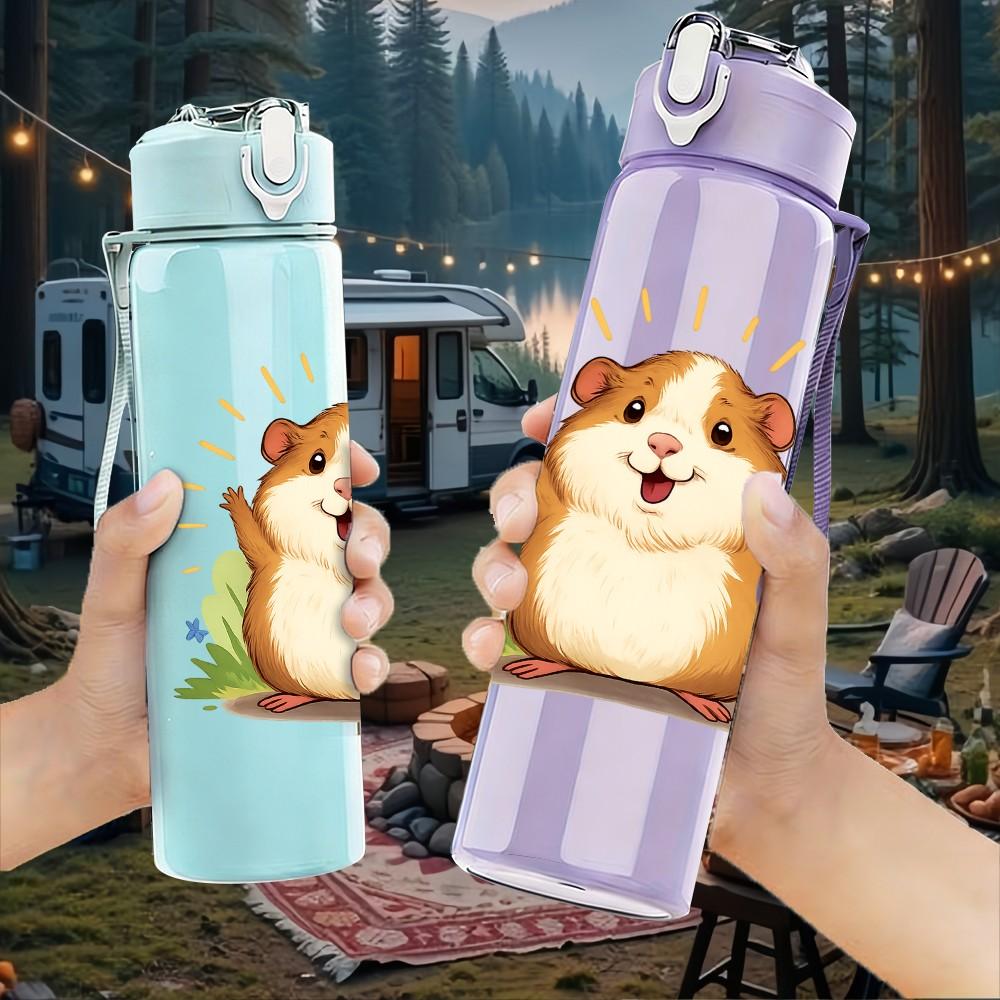 1PC Smiling Hamster Cartoon 750ml Color Plastic Sports Water Bottle Leakproof Flip Straw Lid Suitable for Sports Office Home Use