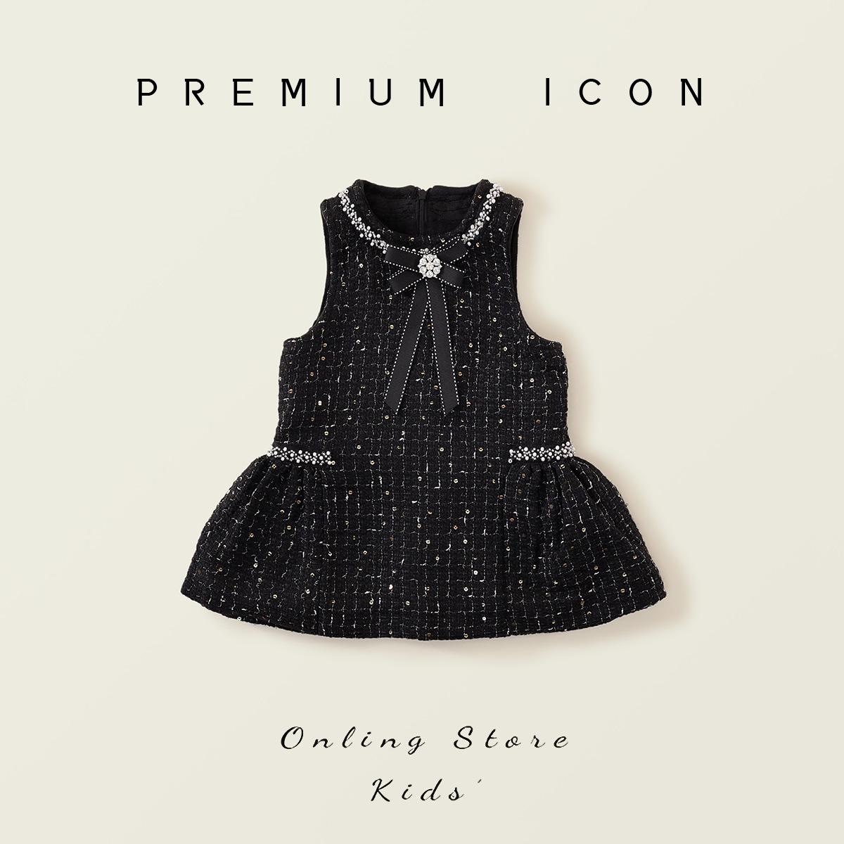 

Girls Tweed Little Sleeveless Vest Dress Autumn Winter New Baby Black Light Luxury Rhinestone Dress 140cm чорний
