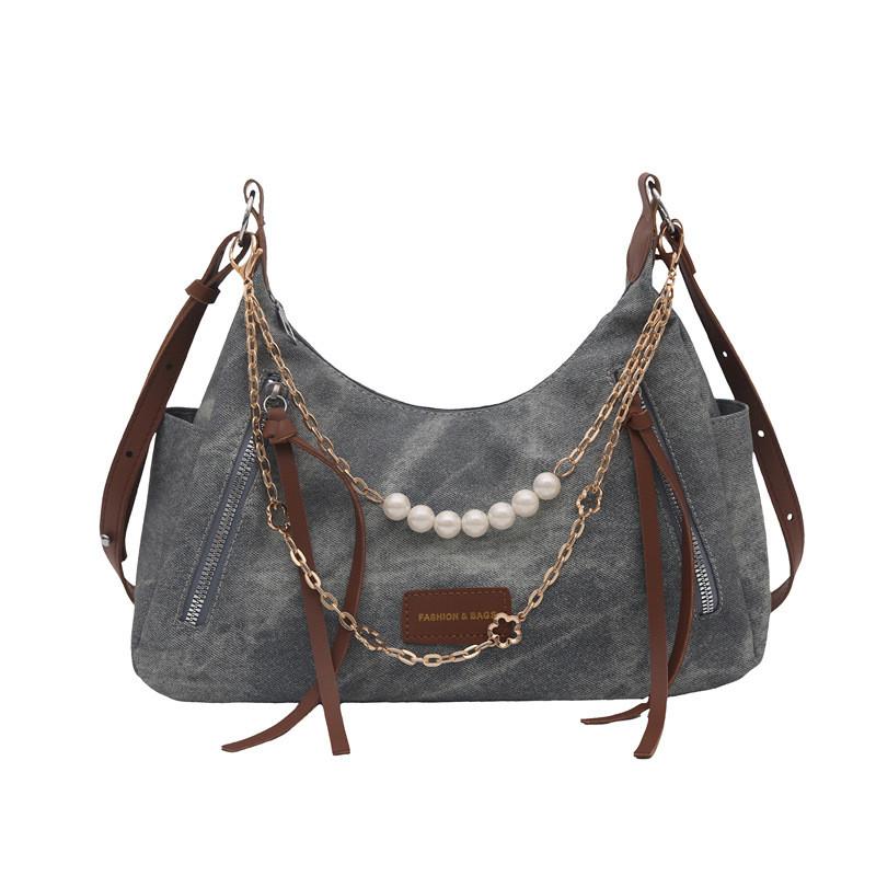 Street Style Tote Bag With Pearl Chain Large Capacity For Daily Use