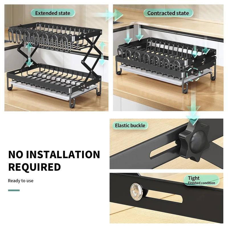 2-Tier Foldable Dish Storage Rack with Drip Tray, Countertop Kitchen Organizer, Easy to Install Plate & Bowl Drying Shelf