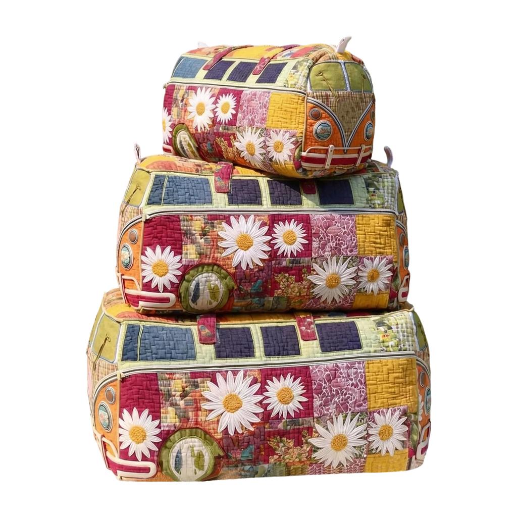 Quilted Multi Functional Storage Bag Set M Size with Floral and Nature Pattern Embroidery for Cosmetics and Accessories Organizer