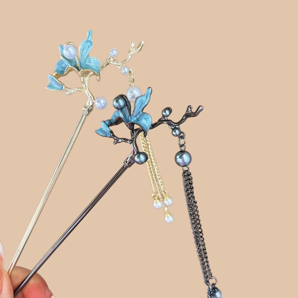 Pearl Magnolia Hairpin Women's Premium Sense New Chinese Hair Accessories Hairpin Antique Headgear Tassel Step Shake Hairpin Hairpin
