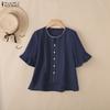 Women Casual Round Neck Solid Color Loose Half Sleeve Blouse