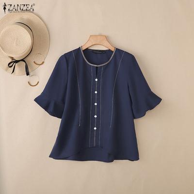 Women Casual Round Neck Solid Color Loose Half Sleeve Blouse