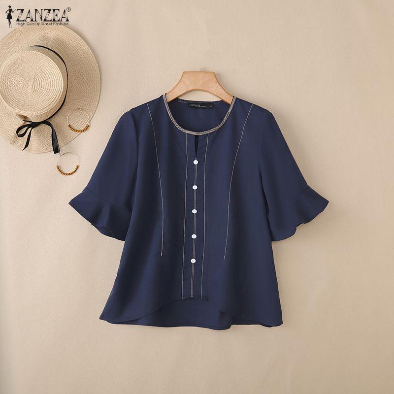 ZANZEA Women Casual Round Neck Solid Color Loose Half Sleeve Blouse