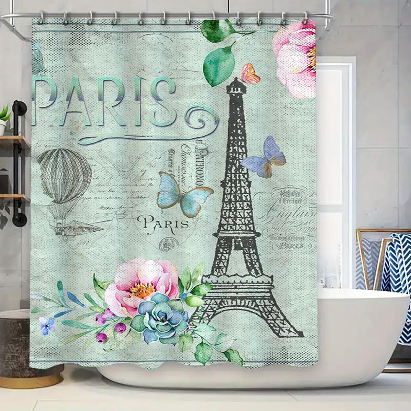 Eiffel Tower Paris Bath Shower Curtain Waterproof Home Decor Romantic Vintage Floral Print Size 72x84in (Green) 90x180cm