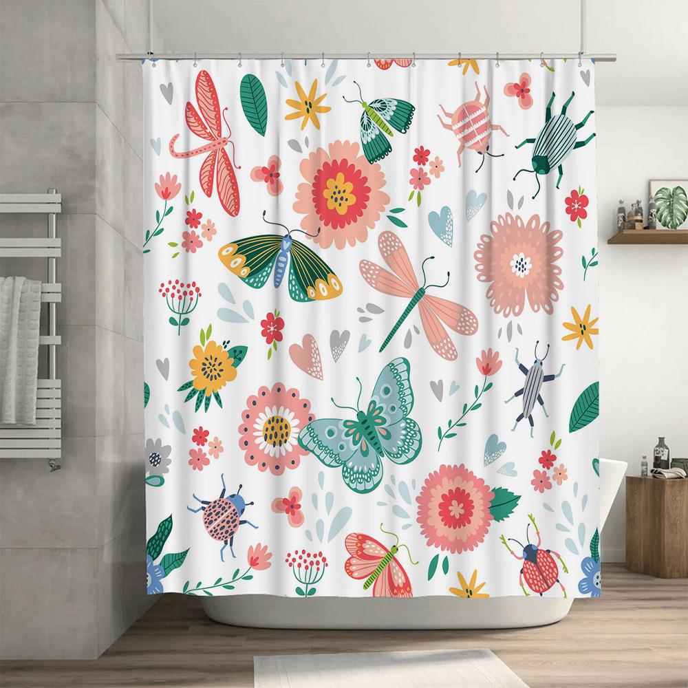 Colorful Garden Shower Curtain Bathroom Decor featuring Butterflies Bugs Waterproof Fabric Hooks Included (White)