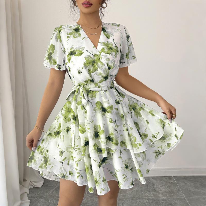 

2026 Vacation Print One-Shoulder Short Sleeve Cinched Waist Dress for Women - Spring/Summer Collection XL зелёный