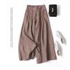 Women's Wide Leg Pants Elastic Mid Waist Cotton Linen Trousers Cropped Pants