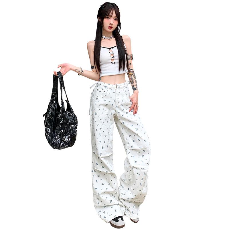 Off-white retro floral straight wide-leg jeans women's summer new American Spice Girl drawstring casual pants
