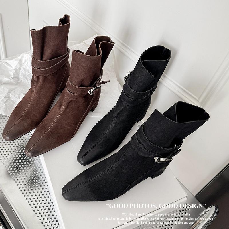 Fashion 2025 New Autumn Women Boots Women Shoes Square Toe Chunky Heel Retro Slip-on Short Boots Belt Buckle Western Modern Boots