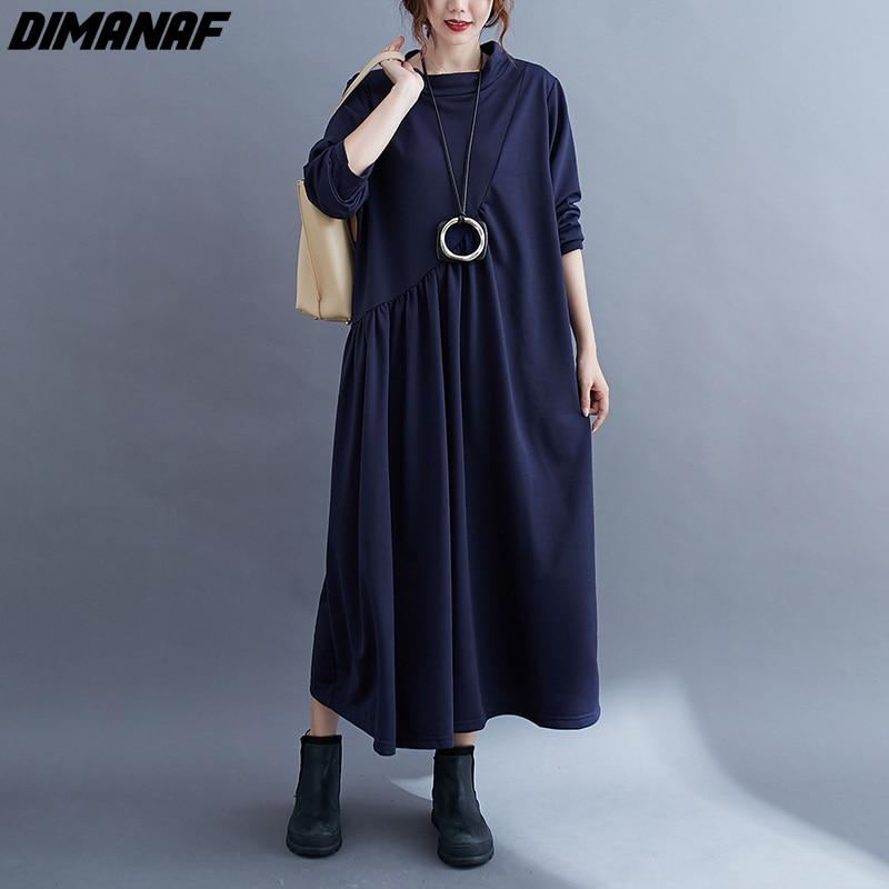 

DIMANAF 2021, осеннее платье с длинными рукавами, женское платье большого размера, хлопковое, однотонное, свободное, повседневное, винтажное, черное, базовое платье, женское осеннее платье