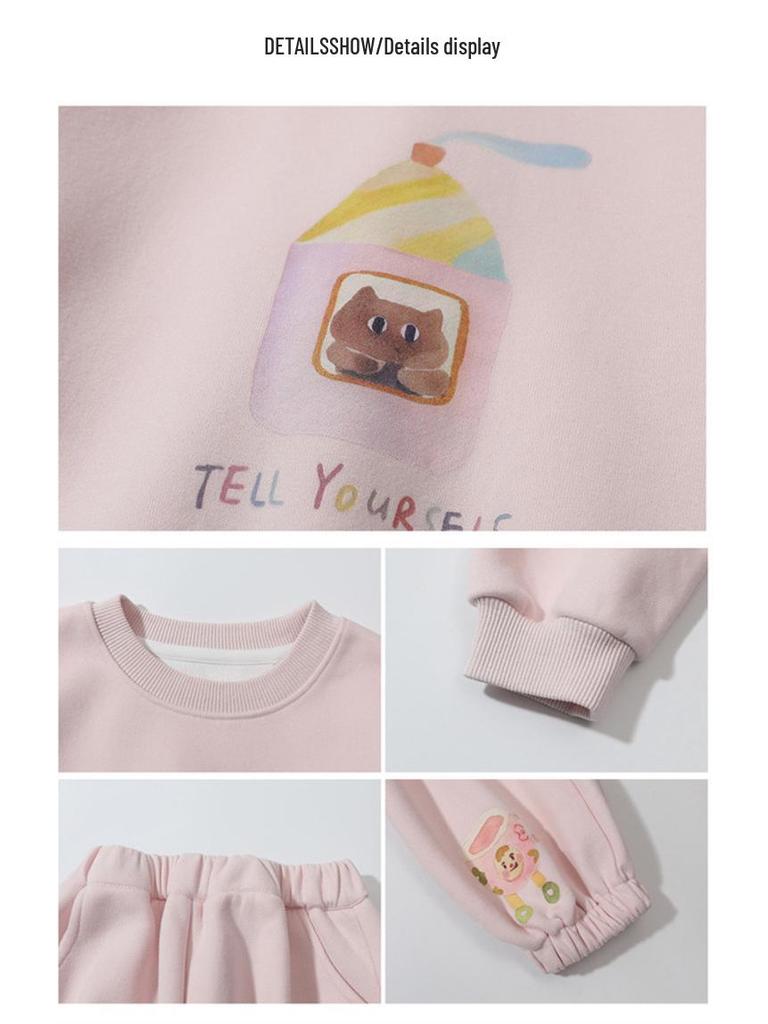 2026 Spring Baby Girl Cartoon Hoodie & Pants Set - Elegant & Printed for Girls