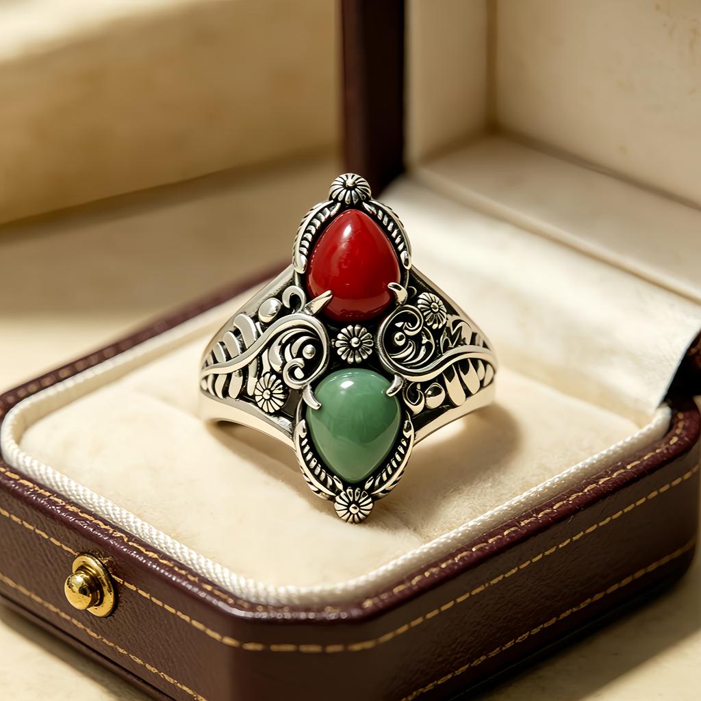 925Silver Women's Vintage Bohemian Style Inlaid Ring2A beautiful turquoise is suitable for daily wear, Valentine's Day gifts, parties, holidays,