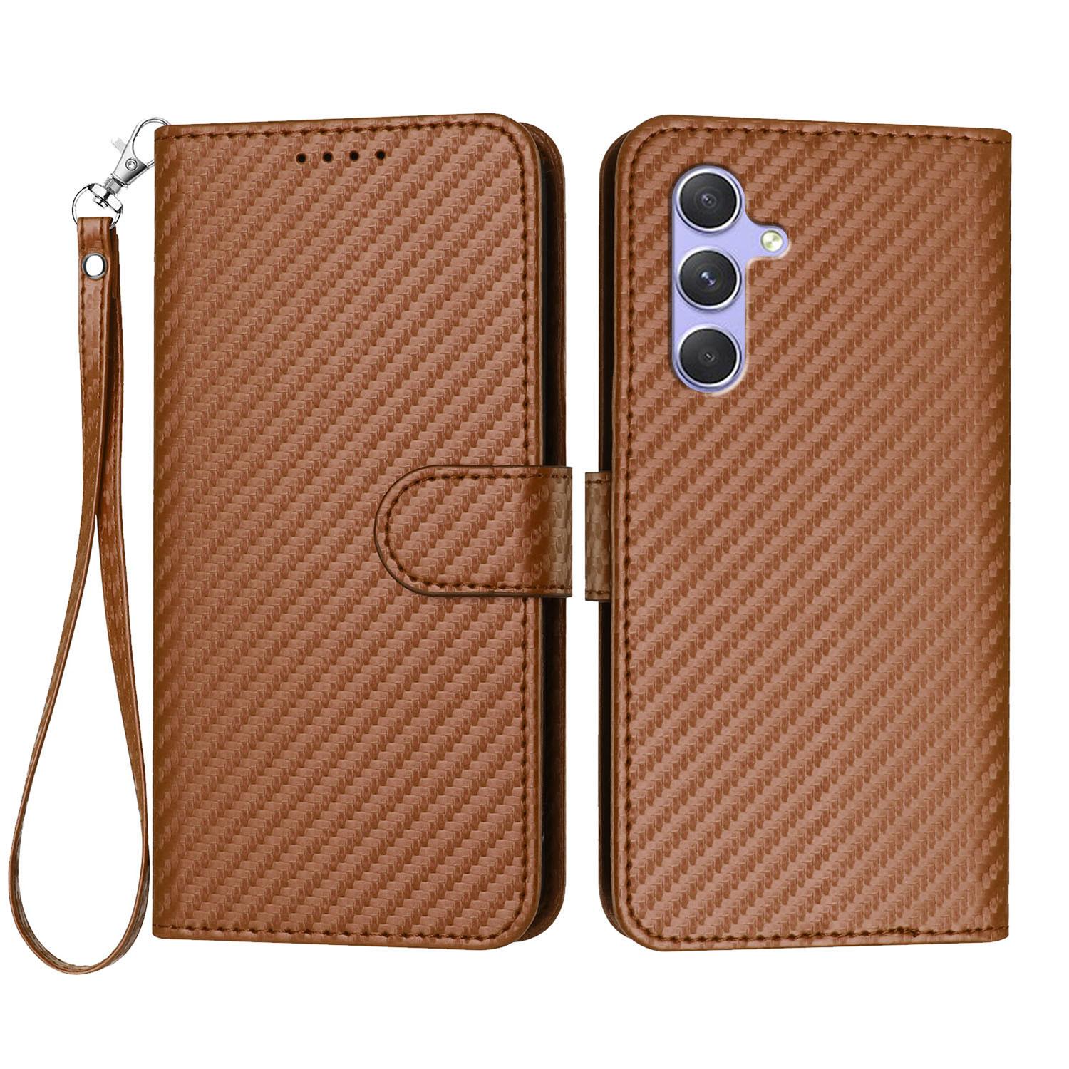 

For Samsung Galaxy A54 5G Wallet Case with Strap Carbon Fiber Texture Leather Mobile Cover Coffee