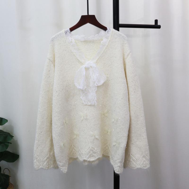 Spring New Splicing Lace Bow Design Sense Sequined Knitted Sweater Top Loose Sweater Pullover Women