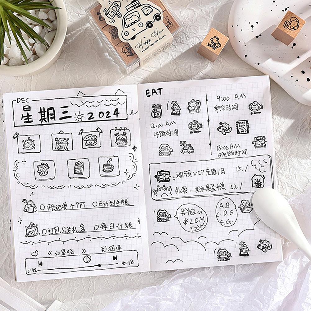 9pcs/set Retro Cartoon Wooden Rubber Stamps Small Cute Small Town Market Rubber Seal Scrapbooking Planner Decoration