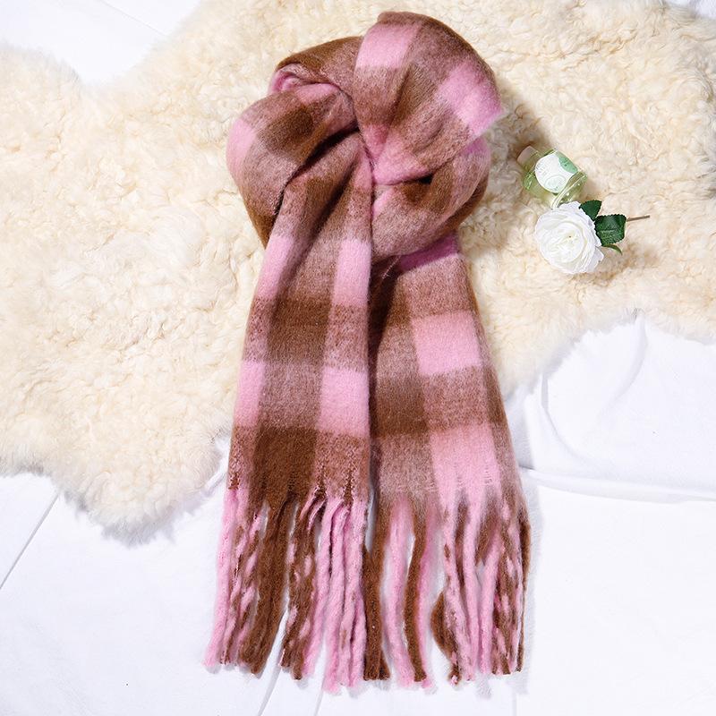 

2026 Winter Thick Warm Scarf Women WoolShawl Hairy Tassel Cashmere Like Wraps Grid Neckerchief for Cold Weather рожевий