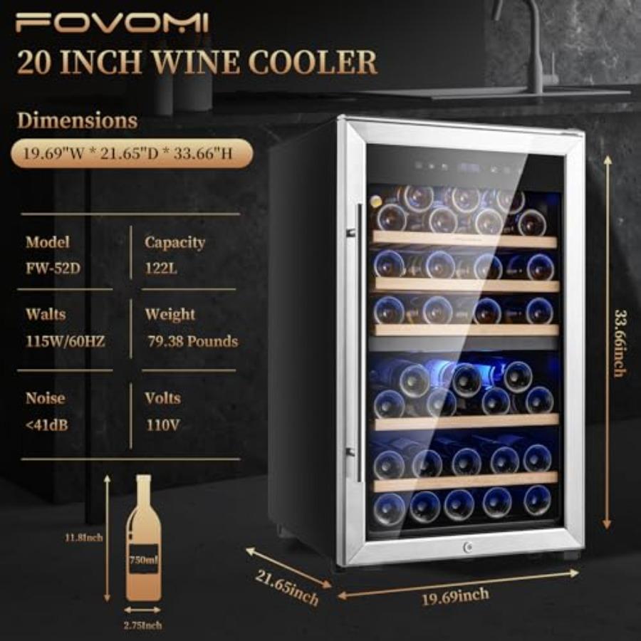 Wine Fridge52-bottle Wine Cooler Refrigerators Freestanding Wine Refrigerator Bordeaux 750ml Dual Zone Compressor Wine Chiller