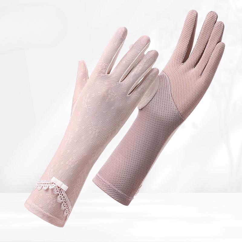 Long Ice Silk Sunscreen Gloves for Women's Light and Breathable UV Rays Outdoor Driving Anti Slip Touch Screen Lace Gloves