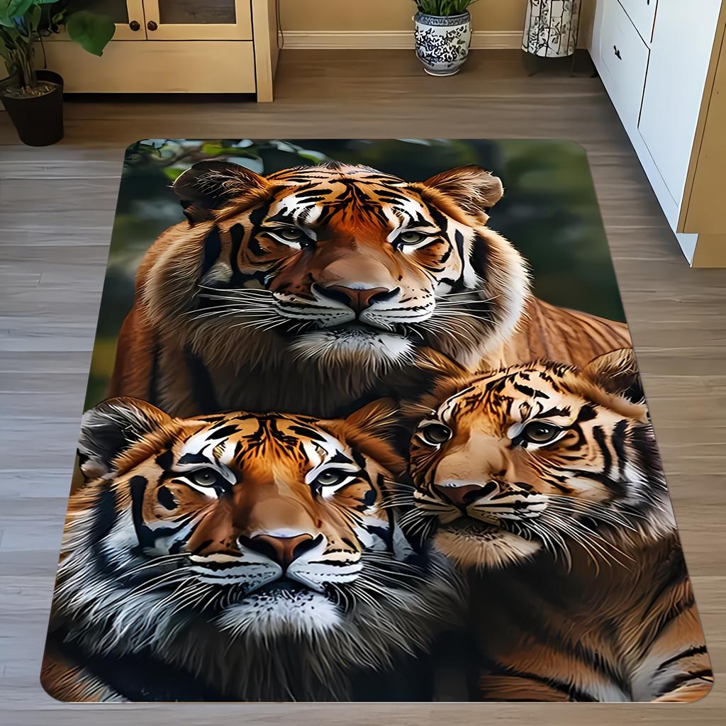 1pc 2D Flat Tiger Family Portrait Realistic Animal Flannel Area Rug Non Slip Wildlife Carpet For Living Room Bedroom Floor Decor