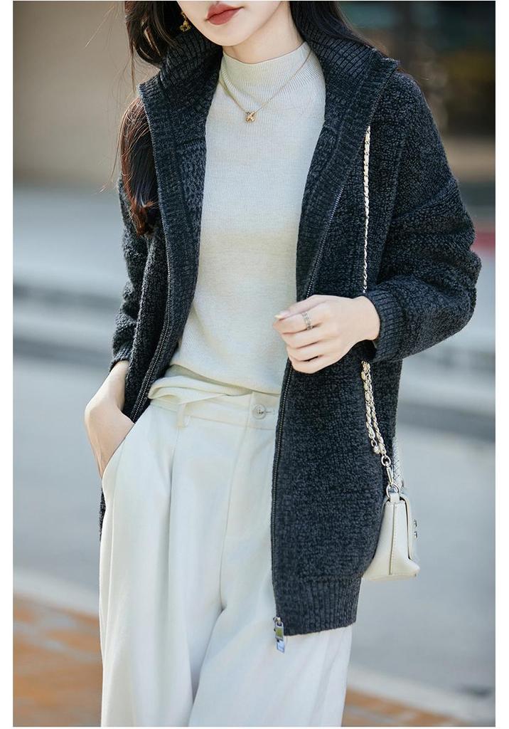 Women's Pure Wool Zipper Knit Cardigan - Long Sleeve, Soft, Warm, Solid Color for Autumn/Winter