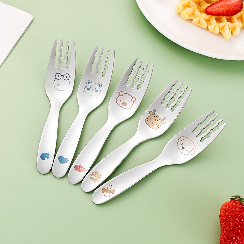 2pcs cartoon animals Baby Teaspoon Spoon Food Feeding Fork Utensils Set Stainless Steel Kids Learning Eating Habit Tableware