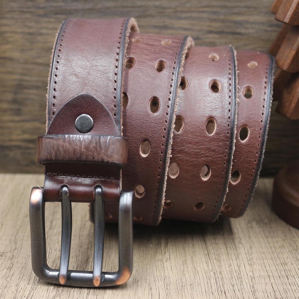 Trendy Personalized Retro Leather Belt with Double Pin Buckle for Men