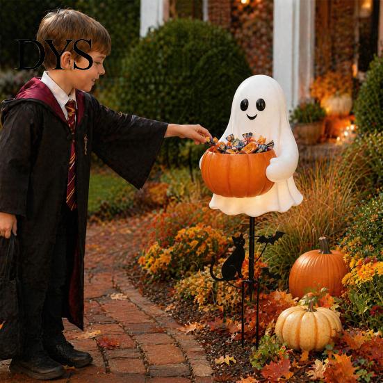Outdoor Ghost Decorations for Yard Halloween Candy Holder Garden Stake, Cute Glowing with Pumpkin Bowl, Resin Statue Sign Front Porch, Lawn, Pathway,