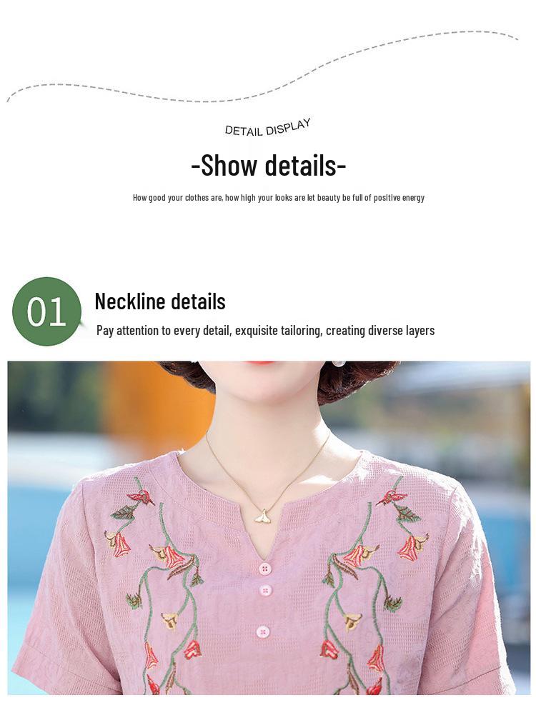 Elegant Embroidered Cotton Linen Tee for Mature Women