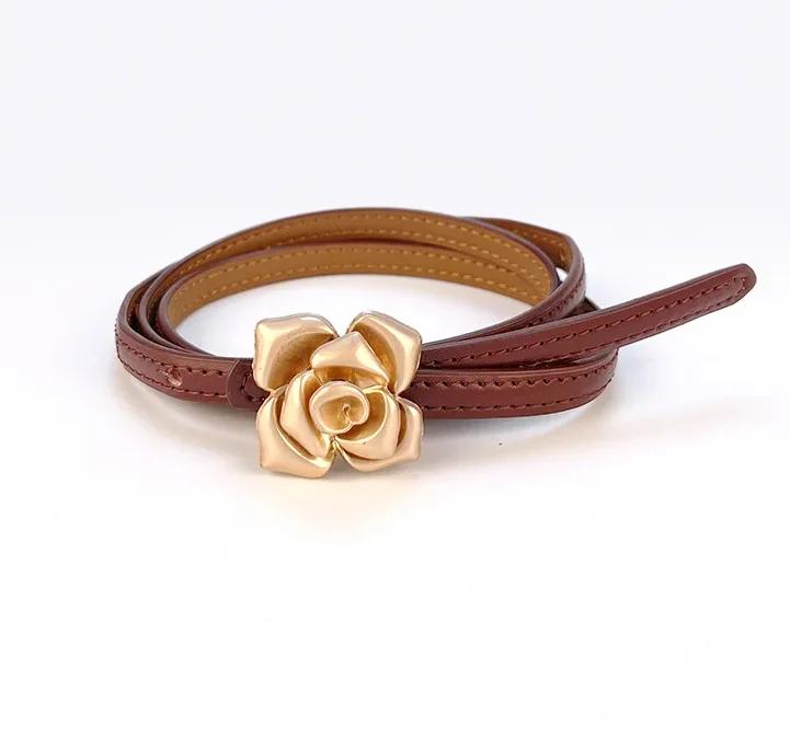 1.0cm New Unique Rose Genuine Leather Gold Belt Women Fashion Cowskin Flower Thin Belts Female Jeans Dress Waistband
