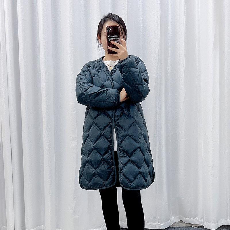 Womens Lightweight Down Jacket Mid-Length V-Neck