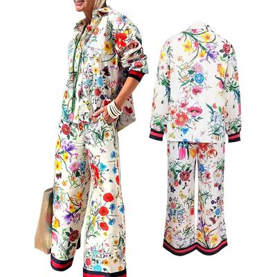 Women's Fall Casual Outfits Floral Print Long Sleeve Button Down Lapel Shirt Elastic Waist Wide Leg Pants Sets Streetwear