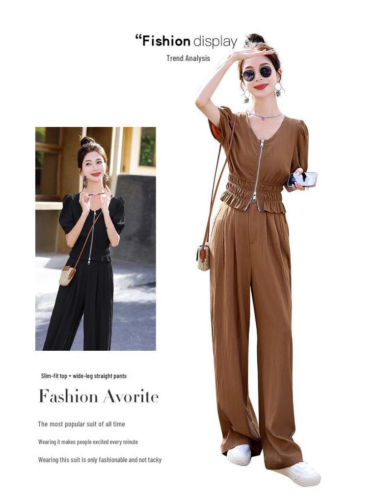 Summer 2024 Women's Two-Piece Suit: Chic Casual Tops & Wide-Leg Pants