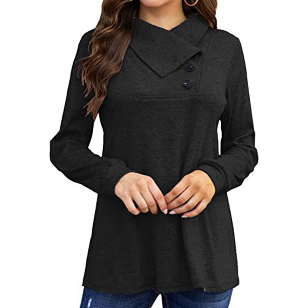 Women's Solid Color Button Long Sleeved T-shirt Loose Pullover Top