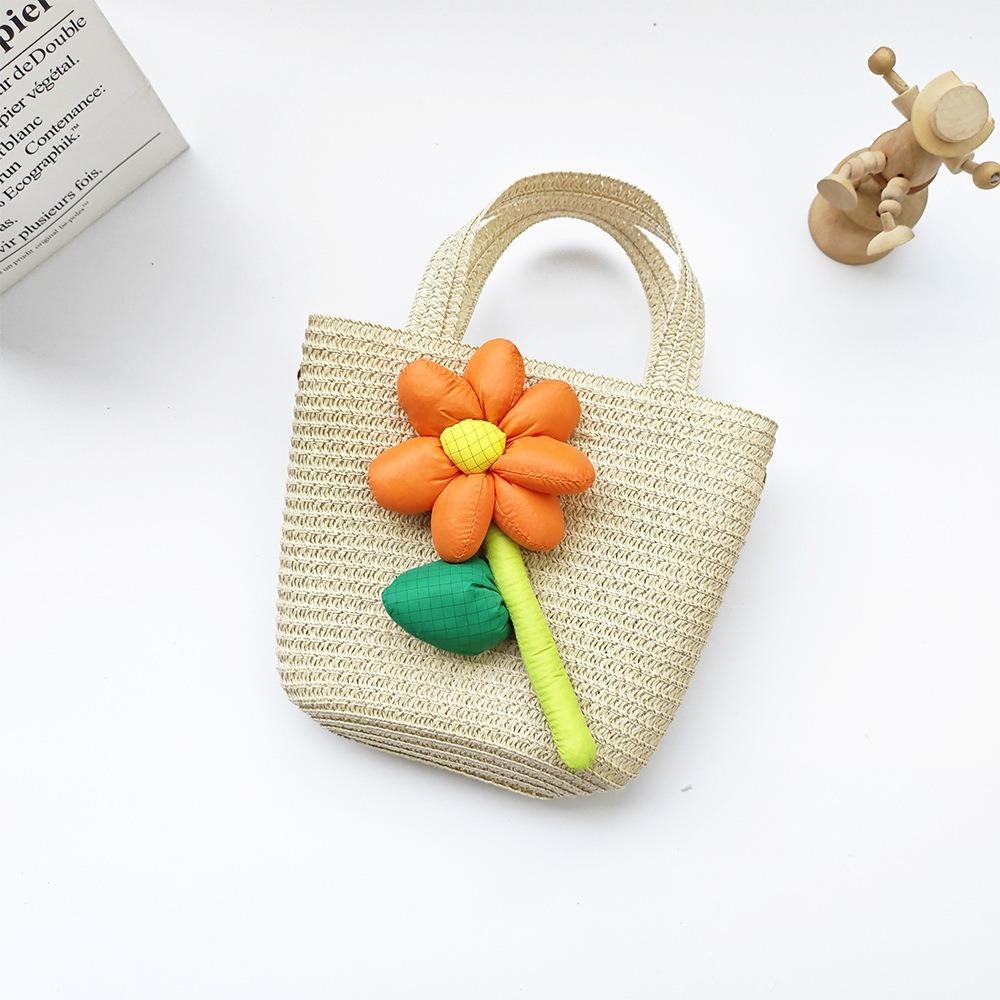 Cute Handmade Woven Straw Bag Bowknot Breathable Storage Basket Flower Coin Purse Kids Girls