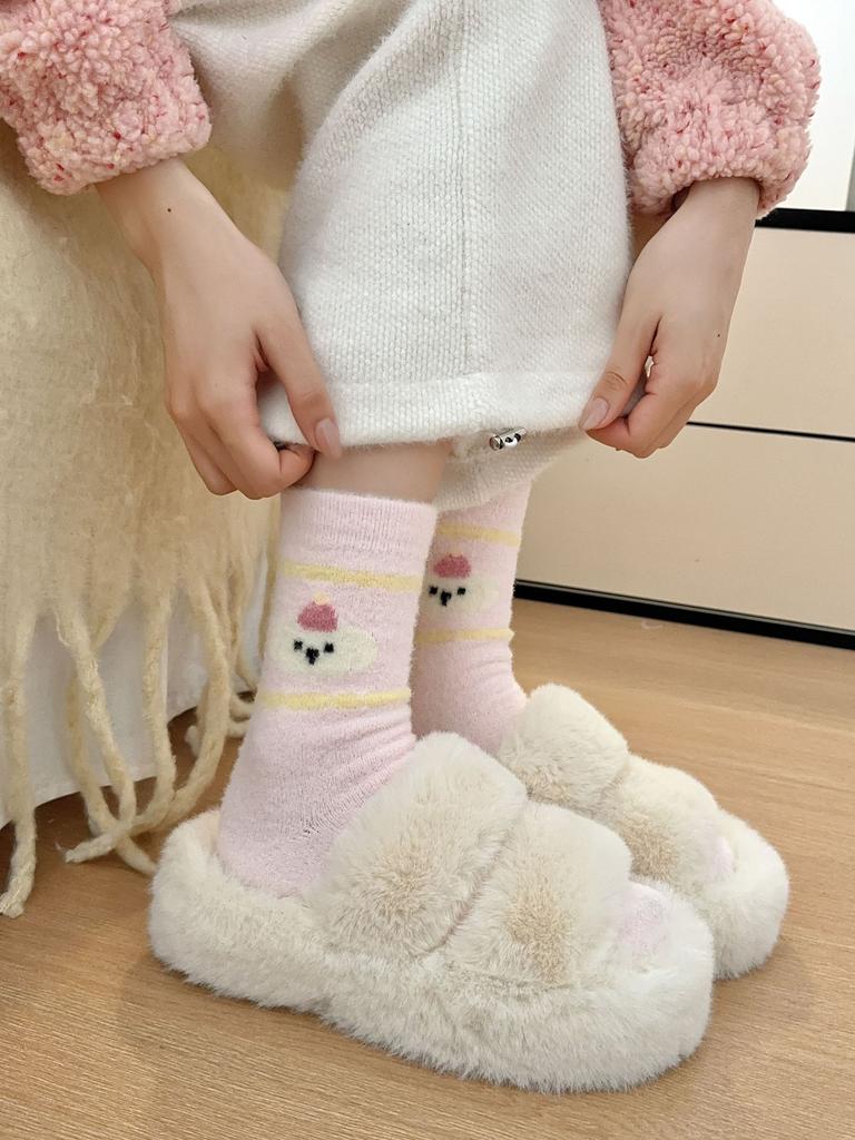 Rosa Australische Fleece Socken Verdickte Warme Socken Cartoon Gestreifte Niedliche Plüsch Haussocken
