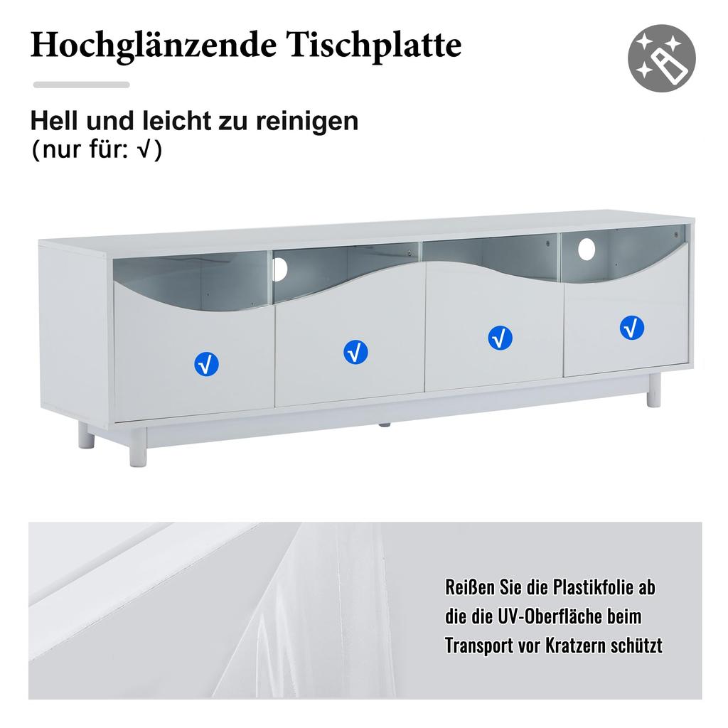TV Schrank TV Lowboard Hochglanz Weiß 70 Zoll Fernseher, TV Ständer 4 Türen, Schranktür aus gehärtetem Glas, TV Möbel Wohnzimmer Schlafzimmer