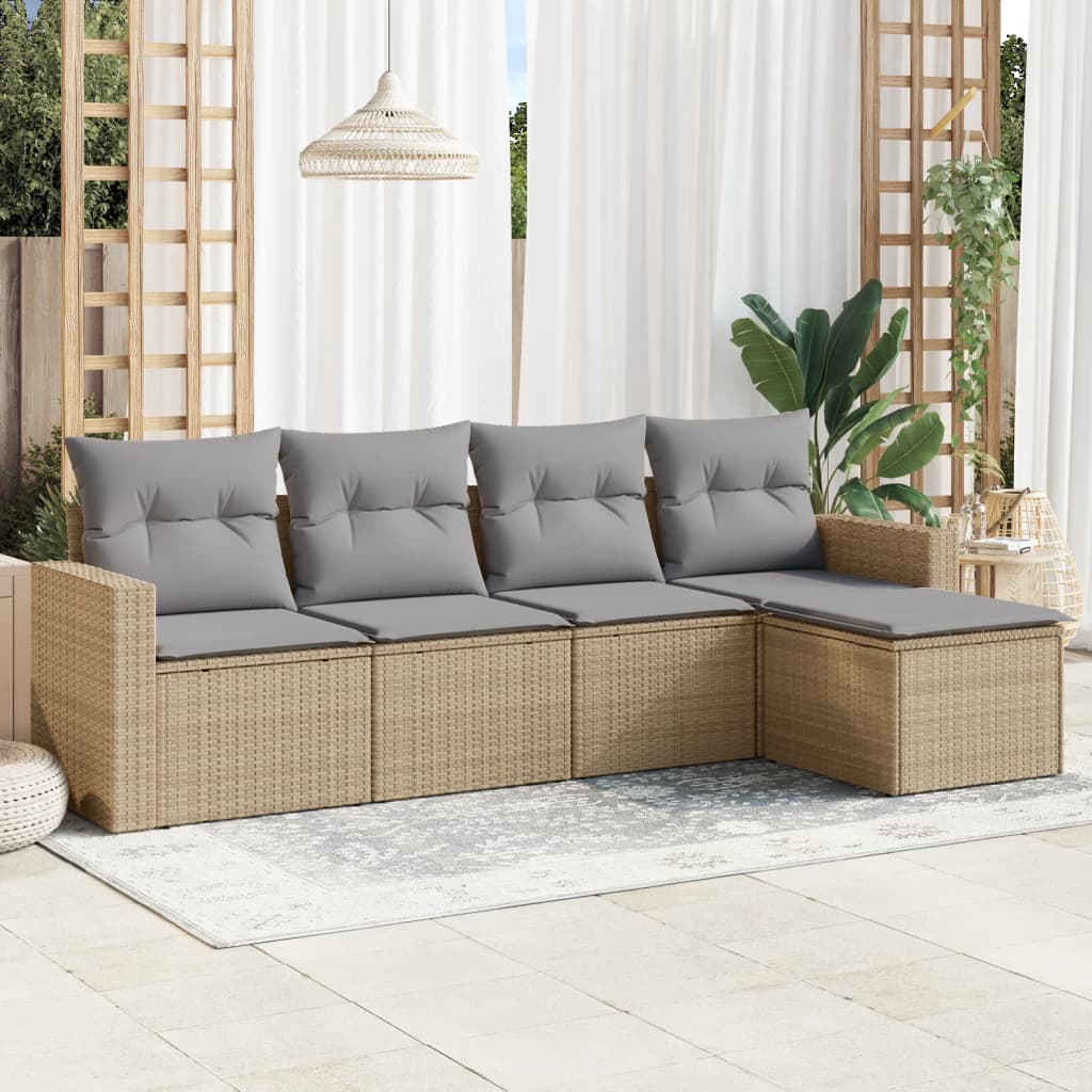 Vidaxl 5-Cz. Garden Furniture Set With Cushions, Beige, Poly Rattan