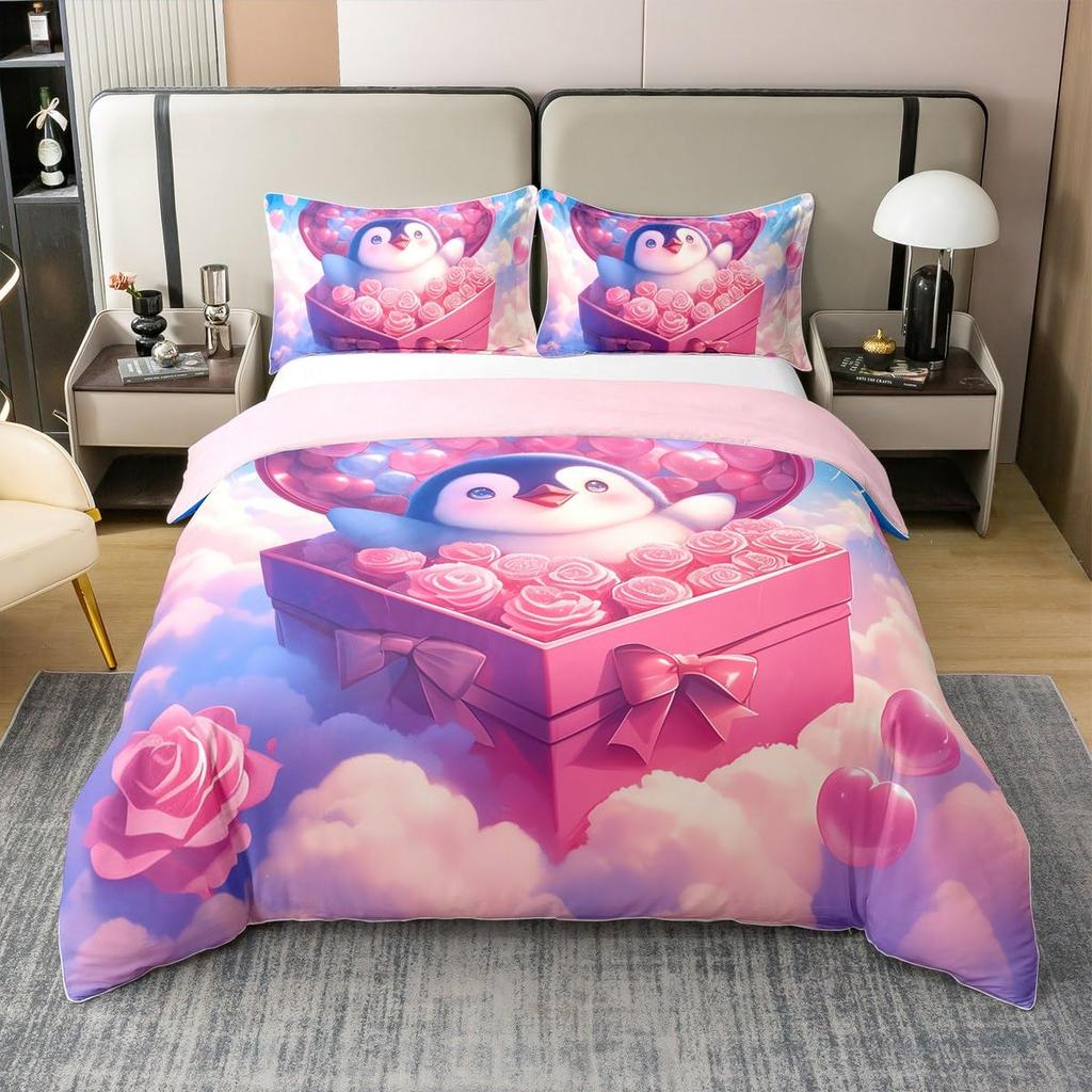 Cute Penguin And Love Heart Duvet Cover Set For Kids Teens Lightweight Quilt Cover With 2 Pillowcase Cartoon Penguin Bedding Set