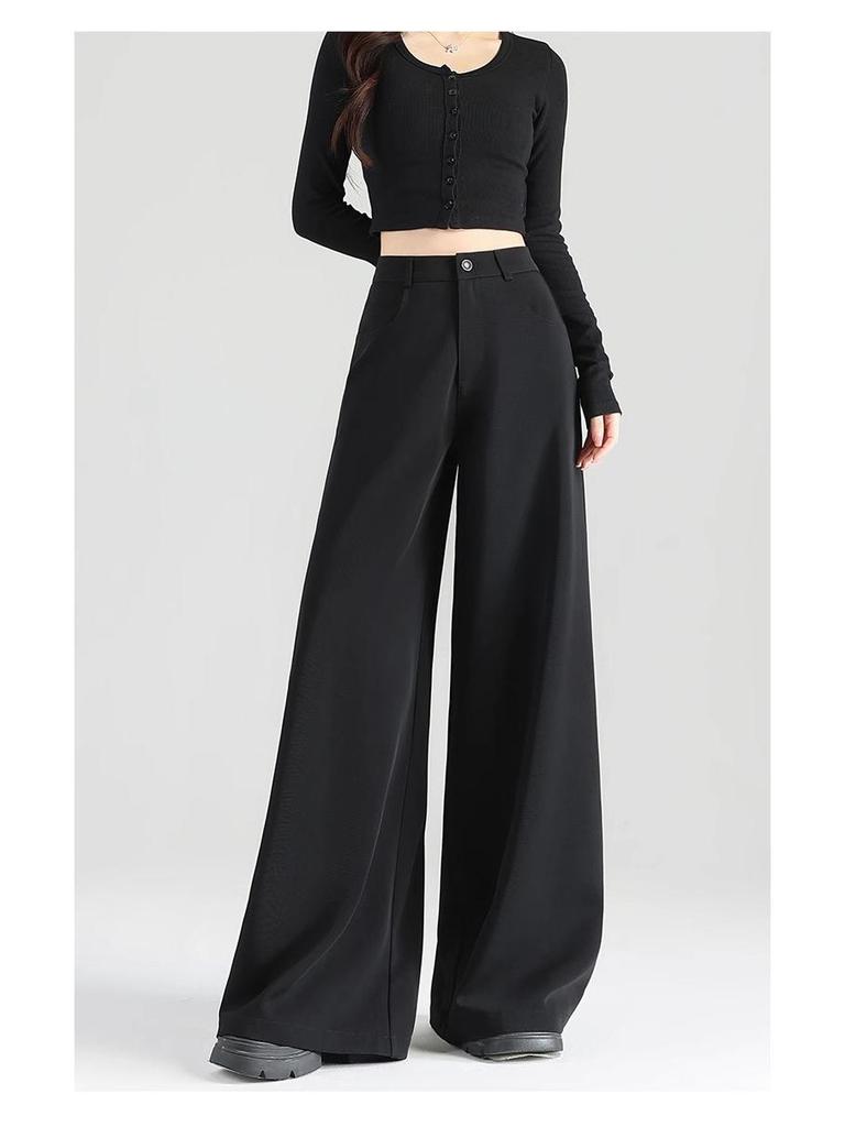 Women's 2025 Summer Black Wide-Leg Pants: Pear-Shaped, Slimming, High-End Drape, Loose Fit
