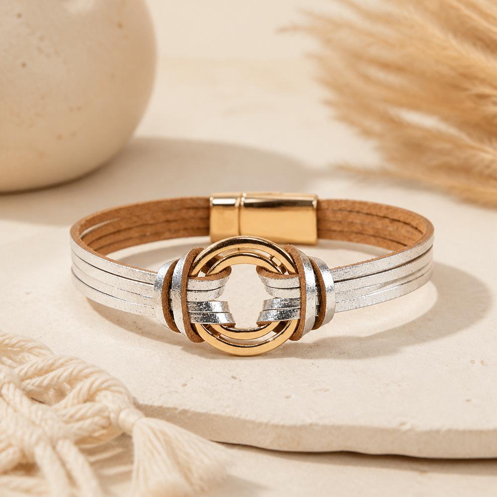 European and American jewelry classic geometric ring pu magnetic buckle bracelet multi-layer bohemian wristband bracelet