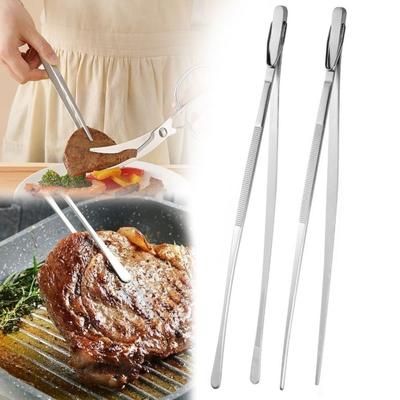 10/12Inch Food Tweezer Stainless Steel With Hook Food Clip Non-Slip Multifunctional BBQ Steak Clip Kitchen Gadgets Accessories