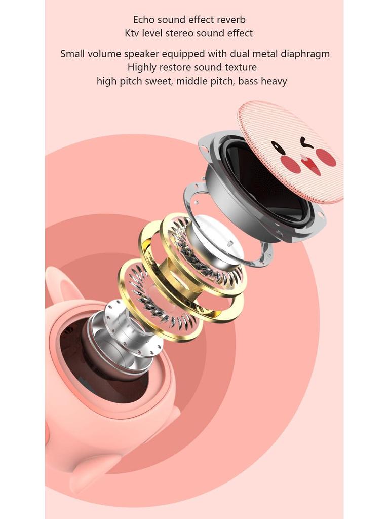 Cartoon K Song Multifunctional Desktop KTV Microphone Speaker with High-Definition Sound, Smile Face, and Cute Ears.