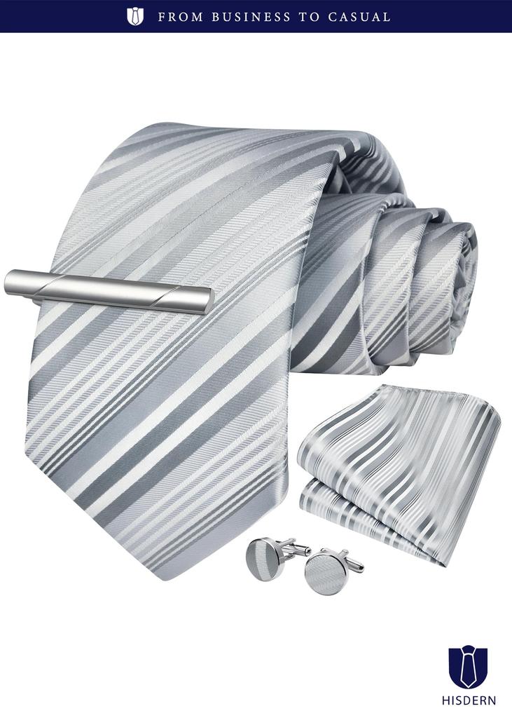 [HISDERN] Wedding Silver Tie Men's Tie Pocket Square Tie Pin Cufflinks 4-Piece Set Stripe Pattern For Weddings, Job Hunting, Entrance Ceremonies,