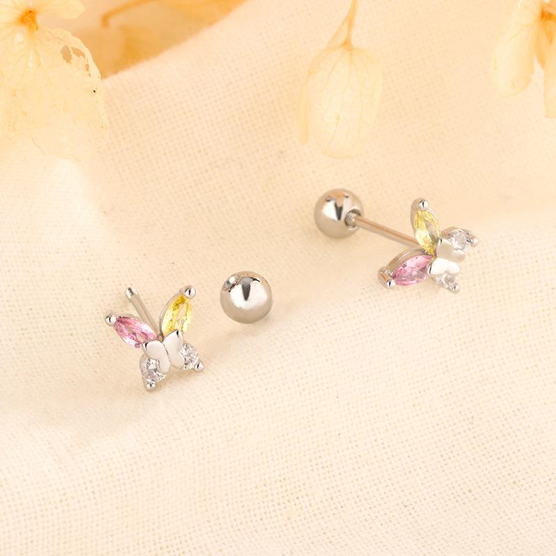 Colorful Zircon Butterfly Screw Back Earrings For Women Sweet And Spicy Temperament Ear Bone Studs Super Sparkling Jewelry